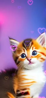 Adorable striped kitten on a vibrant purple background.