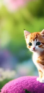 Cute kitten sitting on vibrant pink flowers with a blurred natural background.