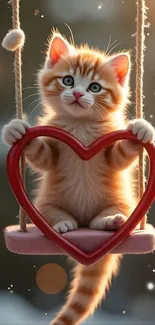 Ginger kitten on a heart-shaped swing with a bokeh background.