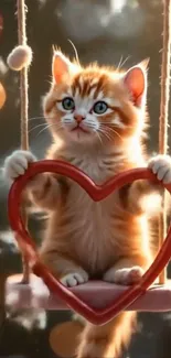 Orange kitten on a heart-shaped swing.
