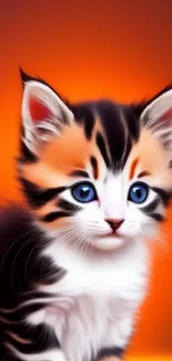 Adorable kitten with blue eyes on an orange background.