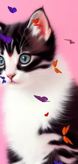 Black and white kitten with blue eyes on a vibrant pink background.