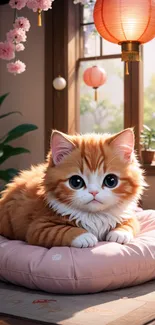 Adorable fluffy kitten on a pink cushion with soft lighting and decor.