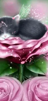 Fantasy art wallpaper: kitten on pink roses.