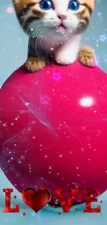 Cute kitten on vibrant pink sphere with sparkly elements and love text.