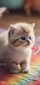 Adorable fluffy kitten on rainbow rug with playful sparkles.
