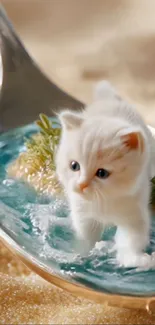 Fluffy kitten sitting on a silver spoon.
