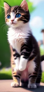 Cute kitten with blue eyes standing outdoors in a garden.