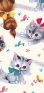 Charming wallpaper with kittens and butterflies on a light background.