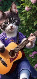 Kitten in a garden playing a guitar with flowers in the background.