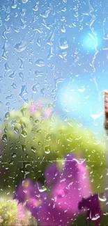 Cute kitten with raindrops on a window, vibrant flowers, and serene sky wallpaper.