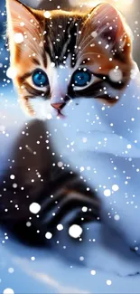 Cute kitten with blue eyes in snowy background.