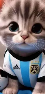 Cute kitten wearing a blue and white jersey with a soccer ball.