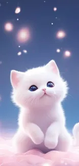 Fluffy white kitten with sparkling lights in a dreamy blue night sky.