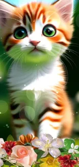 Cute kitten with flowers, vibrant spring wallpaper.