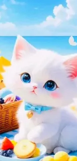 Adorable white kitten with blue bow at beach picnic.