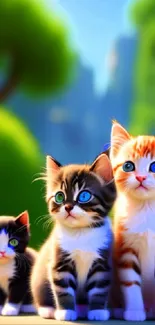 Three adorable kittens in a vibrant green setting, perfect wallpaper for cat lovers.