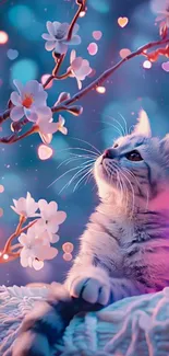 A cute kitten looks up at blossoms with heart-shaped lights around.