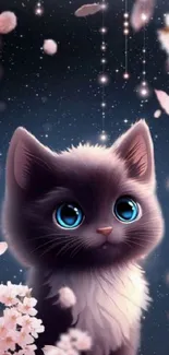 Cute kitten with blue eyes under a starry night sky and cherry blossoms.