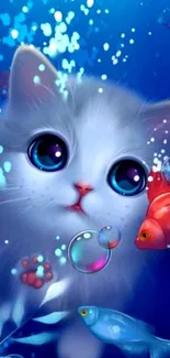 Adorable kitten underwater with colorful fish.