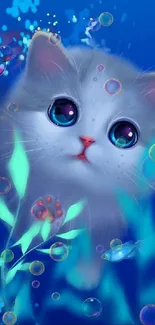 Adorable kitten exploring underwater world in bright, vibrant colors.