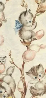 Vintage wallpaper of cute kittens with bows on a soft beige background.