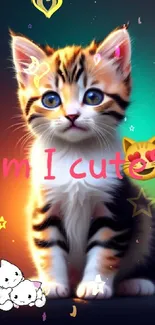 Cute kitten with vibrant colors and playful text.