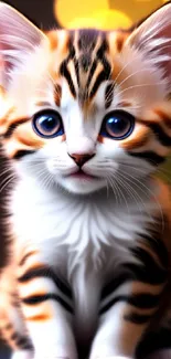 Cute striped kitten with large eyes on a cozy background.