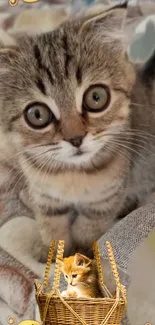 Adorable kitten with big eyes and basket on a stylish wallpaper background.