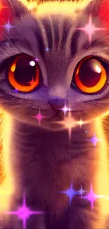 Adorable kitten with big orange eyes glowing on a mobile wallpaper.