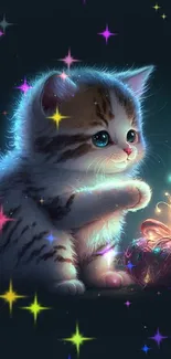 Cute fluffy kitten with glowing lights.