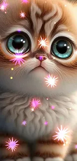 Cute kitten with big eyes and fluffy fur, ideal mobile wallpaper for cat lovers.