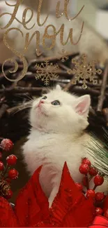 Cute white kitten with festive holiday decorations and red accents.