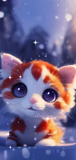 Adorable kitten with big eyes in a snowy, sparkling winter background.