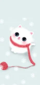 Adorable white kitten with pink scarf and snowflakes on light background.