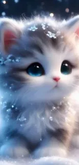 Adorable kitten sitting in sparkling snow.