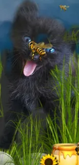 Cute black kitten surrounded by bees with honey jar.