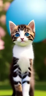 Adorable kitten with blue balloon in a floral setting.