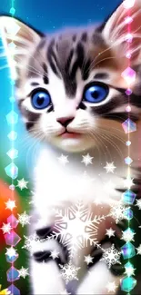 Cute kitten with blue eyes and snowflake design on vibrant background.