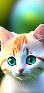 Adorable kitten with blue eyes and orange fur, set against a soft background.