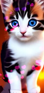 Cute kitten with blue eyes and heart accents on a mobile wallpaper.