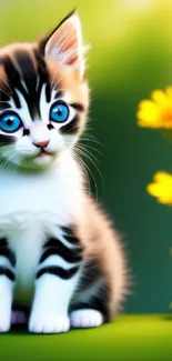 Cute kitten with blue eyes and yellow flowers in nature.