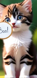 Adorable kitten holding a 'Boo!' sign on a vibrant background.