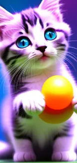 Cute kitten with blue eyes holding colorful ball, vibrant mobile wallpaper.