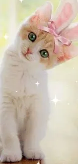 Adorable kitten with bunny ears on a light pink background.