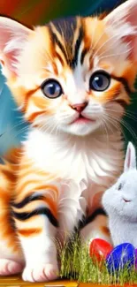 Cute kitten with bunny and colorful eggs on a vibrant wallpaper.