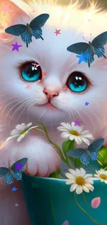 Fluffy white kitten with blue eyes, butterflies, and daisies.