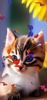 Cute kitten surrounded by butterflies and sunflowers in a vibrant scene.