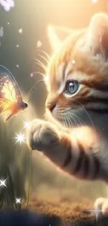 Adorable kitten plays with butterfly in magical light.