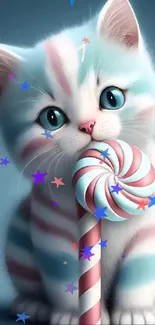 Cute striped kitten with lollipop in pastel hues on wallpaper.